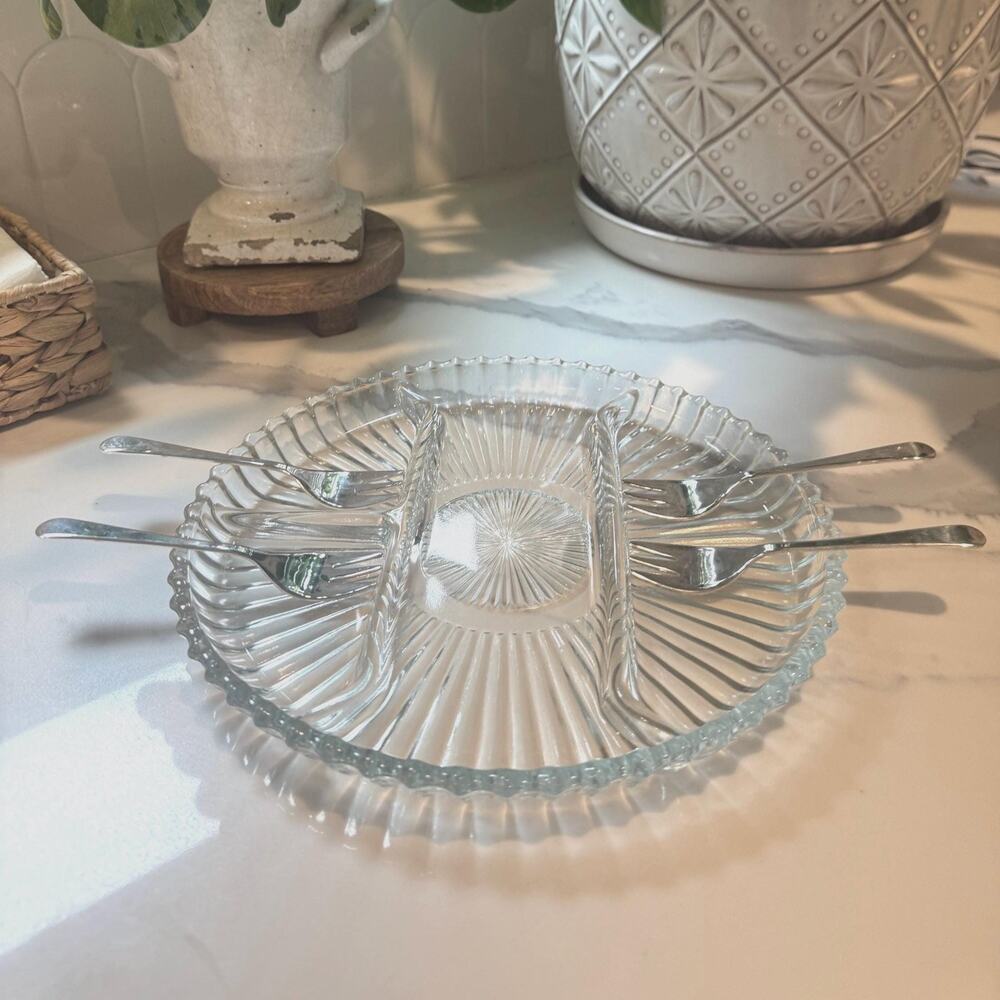 Vintage Mid-century Glass Relish Platter Dish with 4 Silver Appetizer Forks